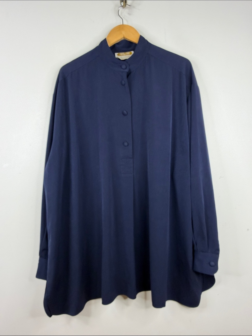 Vintage Tilley Blouse Women 2X 3X Navy Blue Faux Silk Long Sleeve Made in Canada
